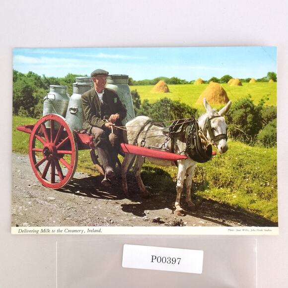 Delivering Milk to the Creamery Ireland John Hinde 1960s Postcard Donkey Cart - Picture 1 of 2
